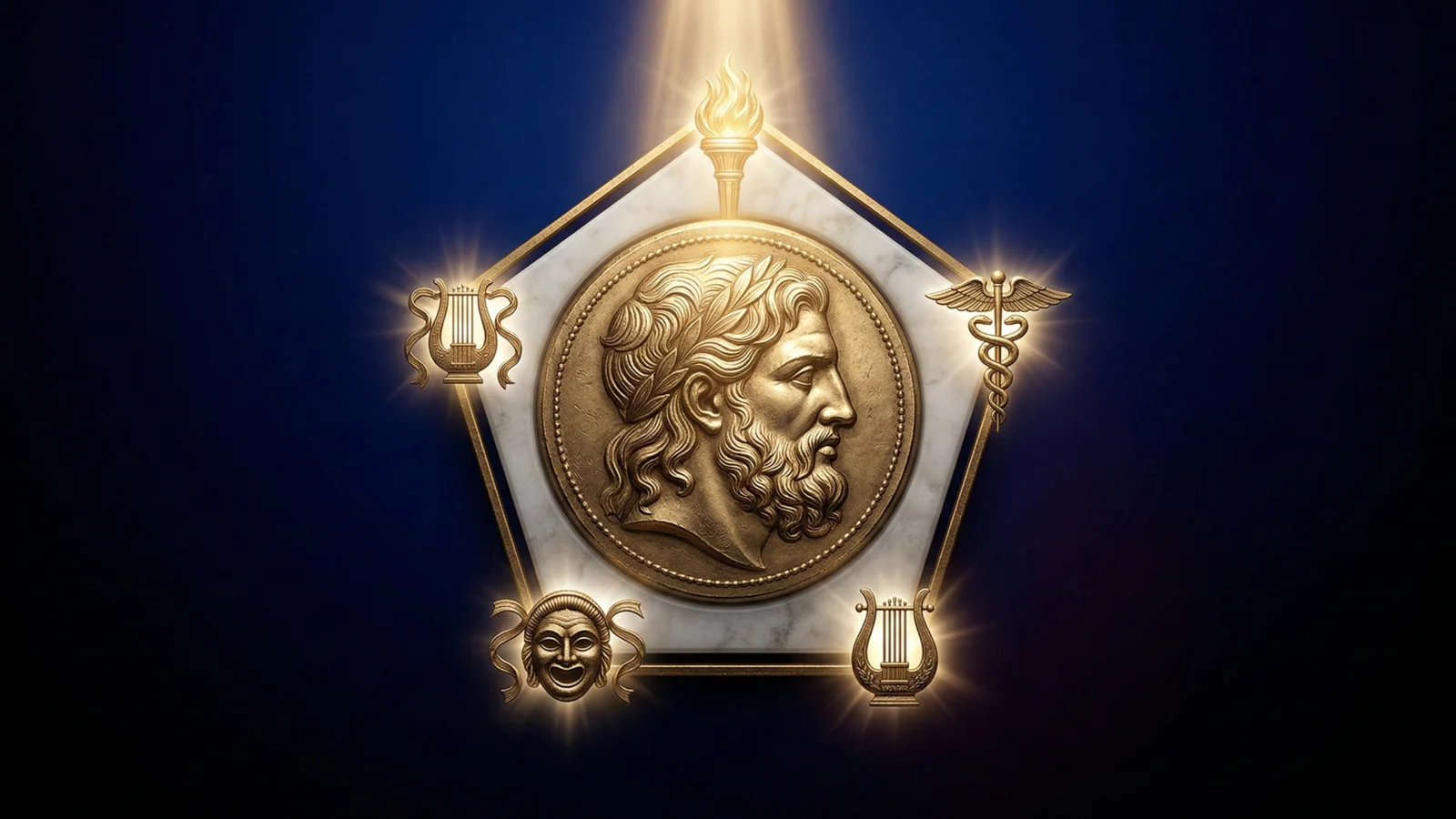 At the centre, the face of Zeus struck as an antique coin and bas-relief • divine light breaking outward through a sacred pentagon of marble, its five corners crowned by the symbols of the muses.